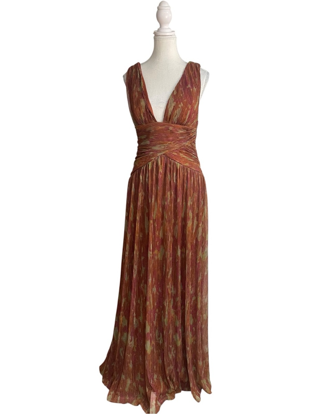 Lulus Evaluna Abstract Print Lurex Pleated Maxi Dress Rust Brown